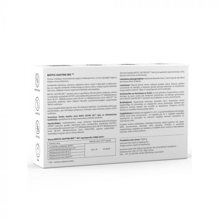LYL BIOTIC GASTRO IBS, 30 kapsulas - aizmugure LYL BIOTIC GASTRO IBS, 30 kapsulas - aizmugure